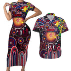 Personalised NAIDOC Week 2025 Demons Football Couples Matching Short Sleeve Bodycon Dress and Hawaiian Shirt Aboriginal Dot Painting