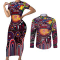 Personalised NAIDOC Week 2025 Demons Football Couples Matching Short Sleeve Bodycon Dress and Long Sleeve Button Shirt Aboriginal Dot Painting