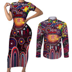 Personalised NAIDOC Week 2025 Demons Football Couples Matching Short Sleeve Bodycon Dress and Long Sleeve Button Shirt Aboriginal Dot Painting