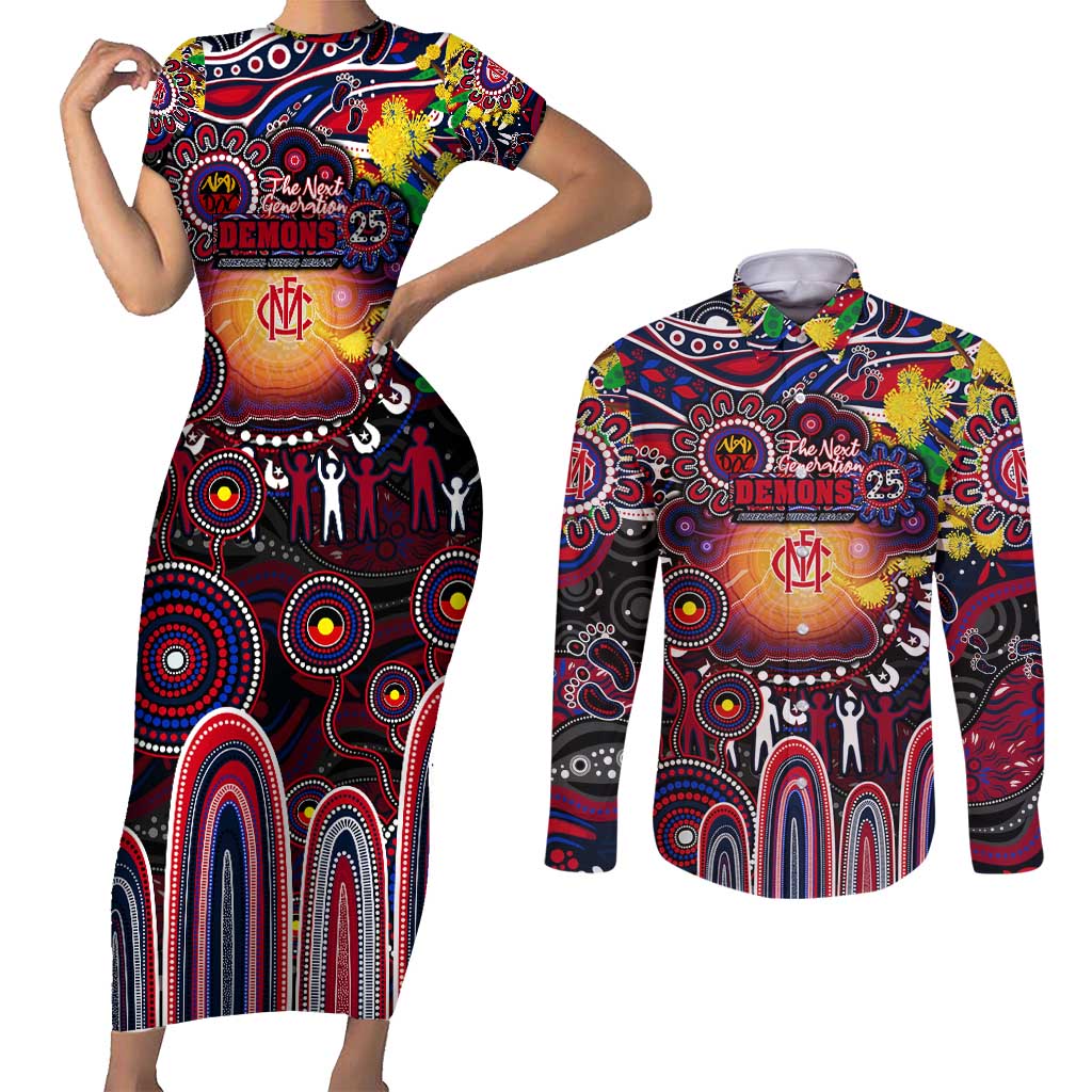 Personalised NAIDOC Week 2025 Demons Football Couples Matching Short Sleeve Bodycon Dress and Long Sleeve Button Shirt Aboriginal Dot Painting