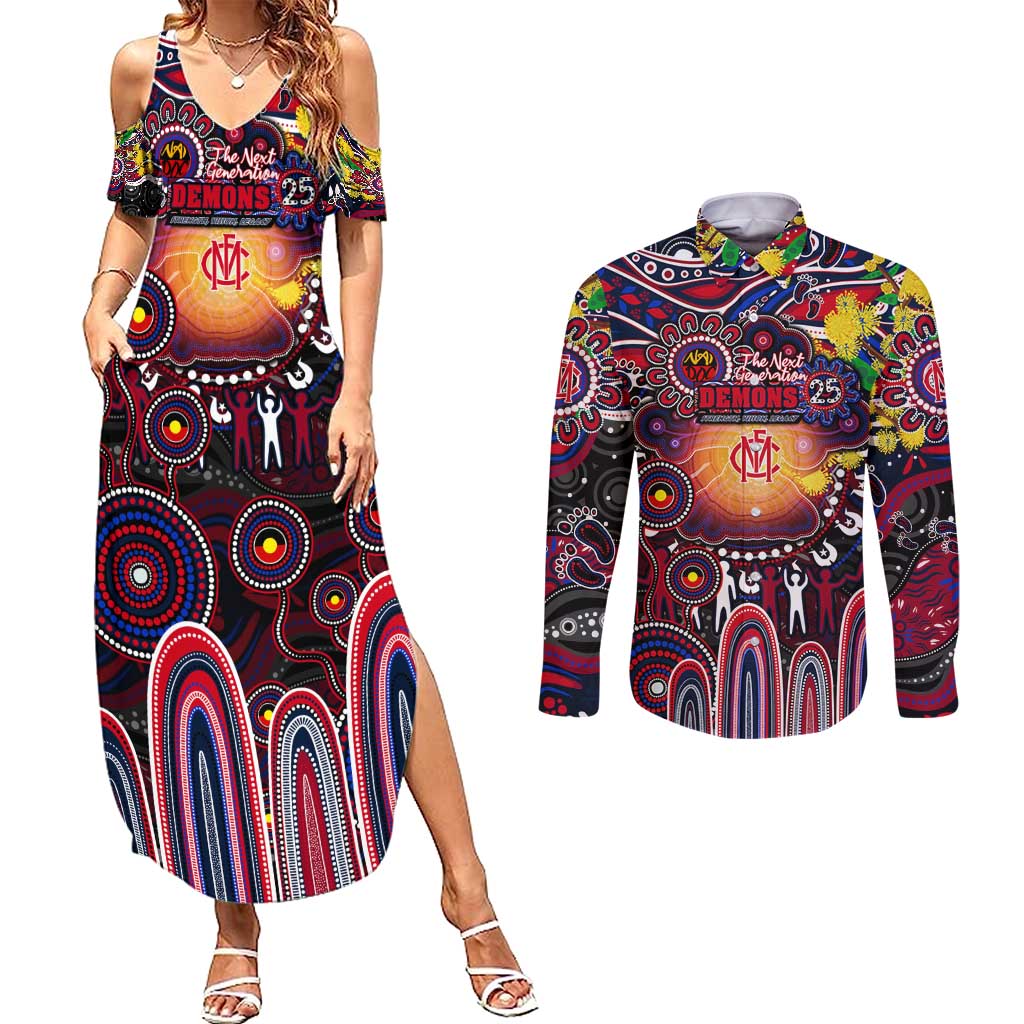 Personalised NAIDOC Week 2025 Demons Football Couples Matching Summer Maxi Dress and Long Sleeve Button Shirt Aboriginal Dot Painting