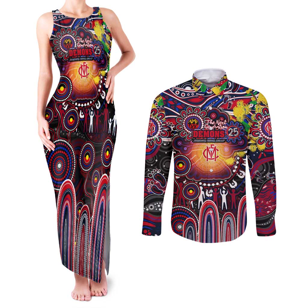 Personalised NAIDOC Week 2025 Demons Football Couples Matching Tank Maxi Dress and Long Sleeve Button Shirt Aboriginal Dot Painting