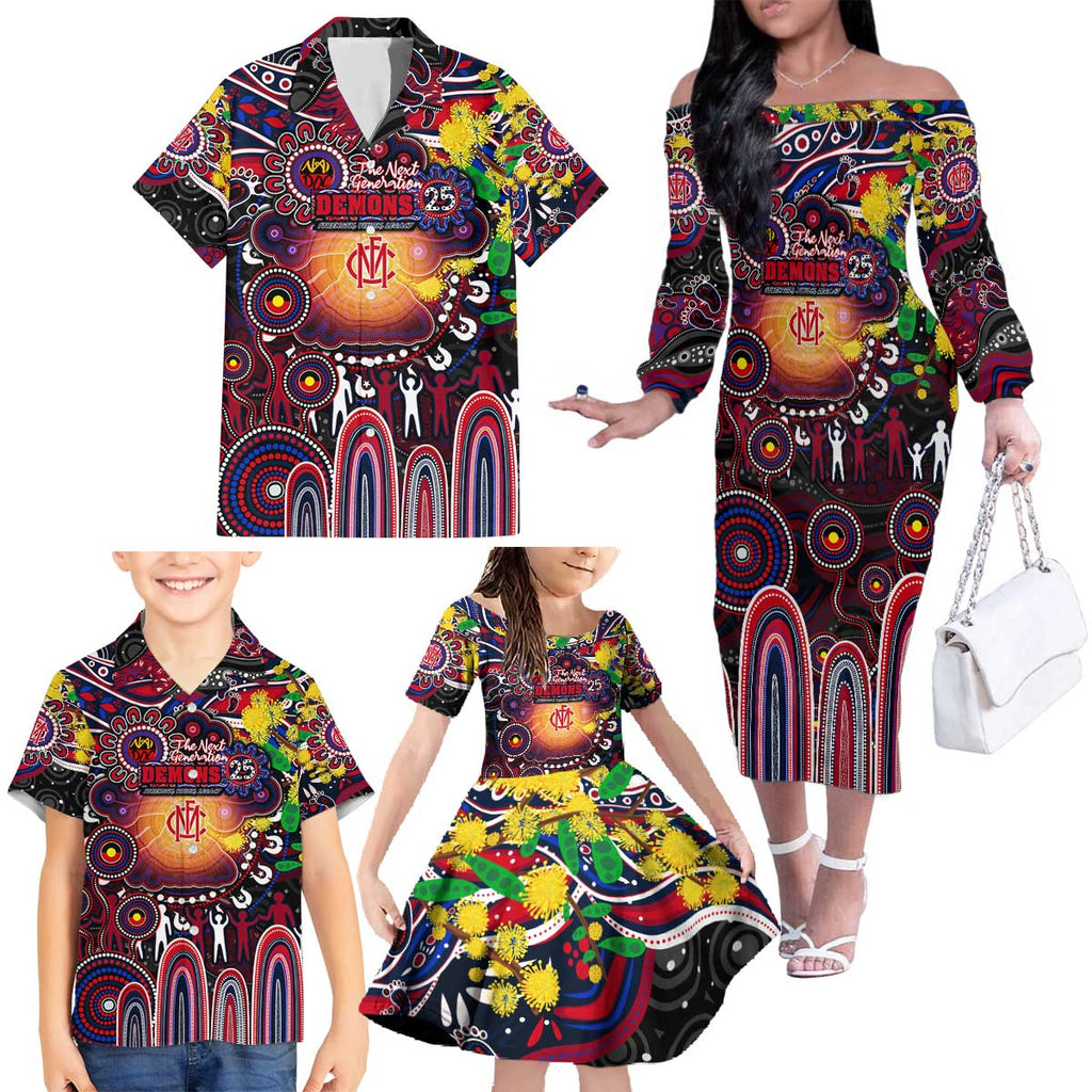 Personalised NAIDOC Week 2025 Demons Football Family Matching Off The Shoulder Long Sleeve Dress and Hawaiian Shirt Aboriginal Dot Painting