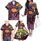 Personalised NAIDOC Week 2025 Demons Football Family Matching Off The Shoulder Long Sleeve Dress and Hawaiian Shirt Aboriginal Dot Painting