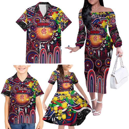 Personalised NAIDOC Week 2025 Demons Football Family Matching Off The Shoulder Long Sleeve Dress and Hawaiian Shirt Aboriginal Dot Painting