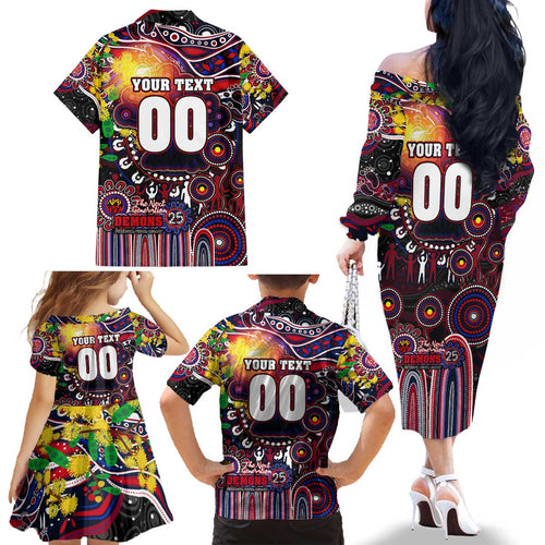 Personalised NAIDOC Week 2025 Demons Football Family Matching Off The Shoulder Long Sleeve Dress and Hawaiian Shirt Aboriginal Dot Painting