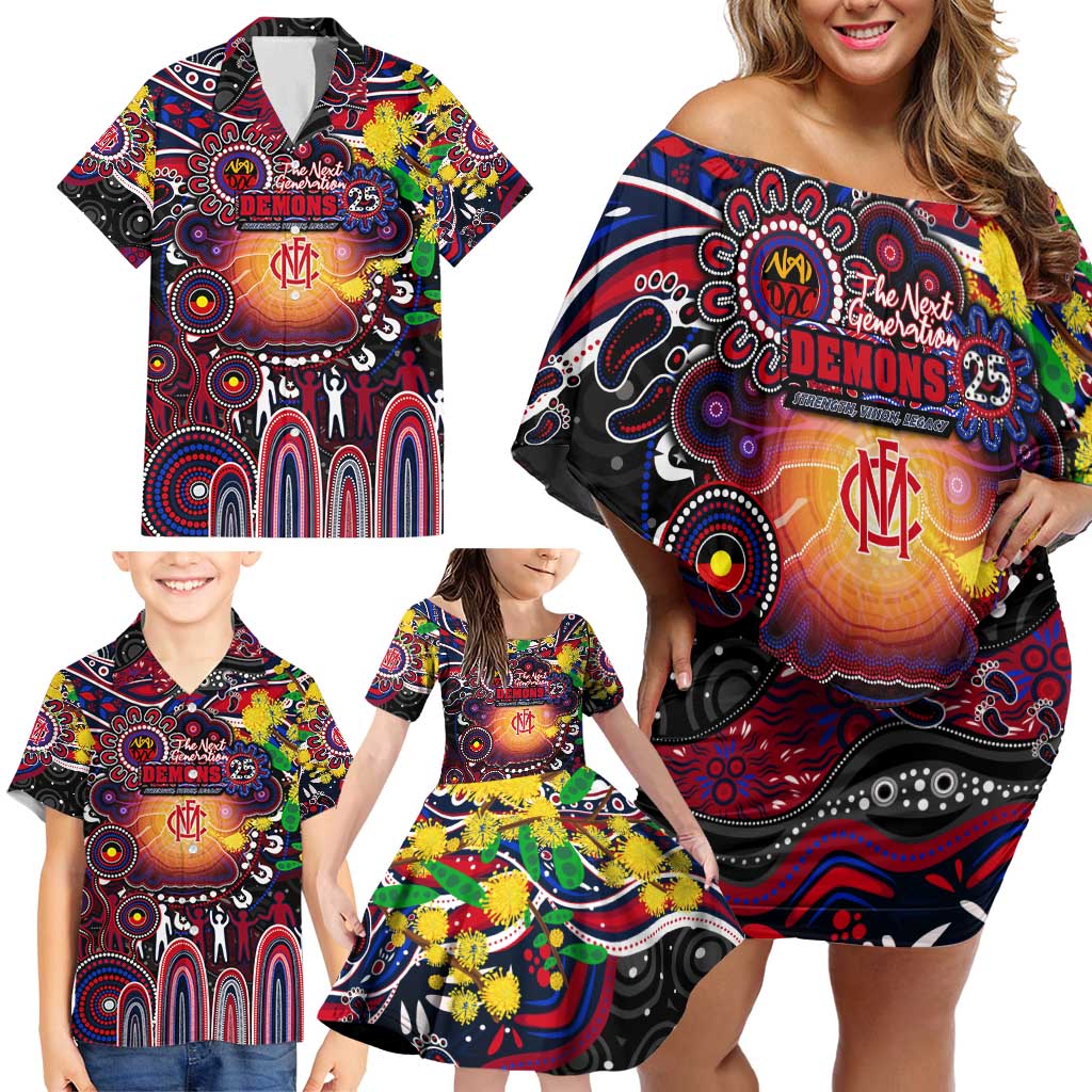 Personalised NAIDOC Week 2025 Demons Football Family Matching Off Shoulder Short Dress and Hawaiian Shirt Aboriginal Dot Painting
