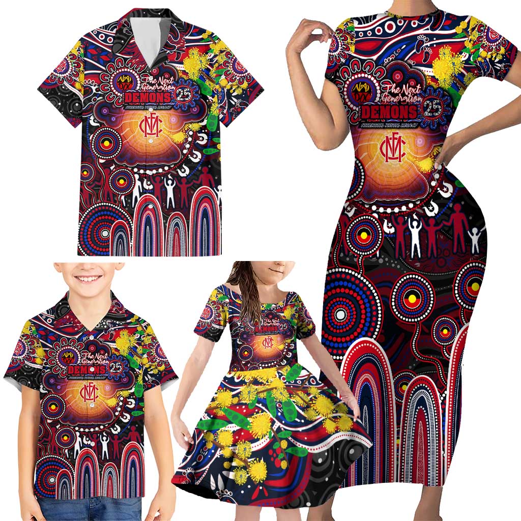 Personalised NAIDOC Week 2025 Demons Football Family Matching Short Sleeve Bodycon Dress and Hawaiian Shirt Aboriginal Dot Painting
