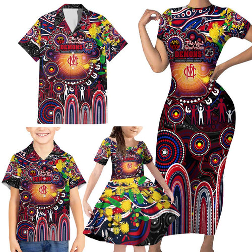 Personalised NAIDOC Week 2025 Demons Football Family Matching Short Sleeve Bodycon Dress and Hawaiian Shirt Aboriginal Dot Painting