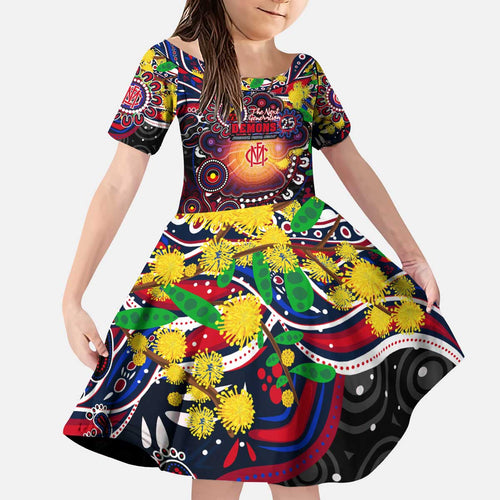 Personalised NAIDOC Week 2025 Demons Football Kid Short Sleeve Dress Aboriginal Dot Painting