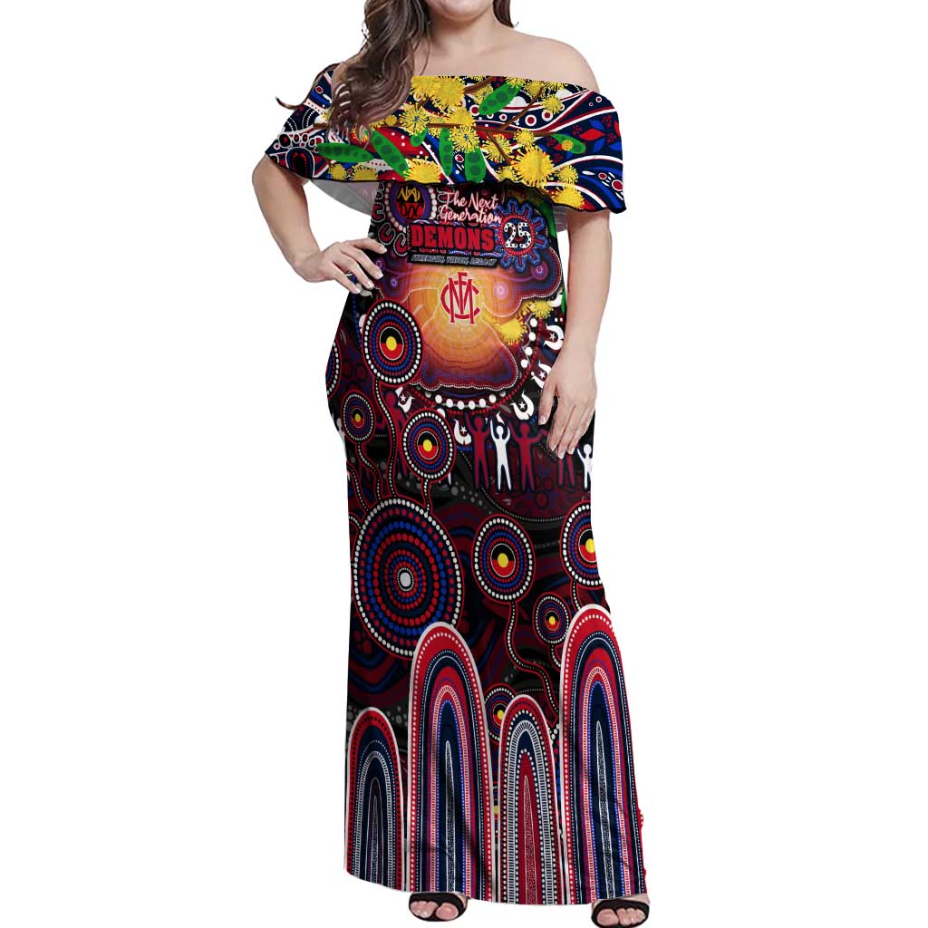 Personalised NAIDOC Week 2025 Demons Football Off Shoulder Maxi Dress Aboriginal Dot Painting