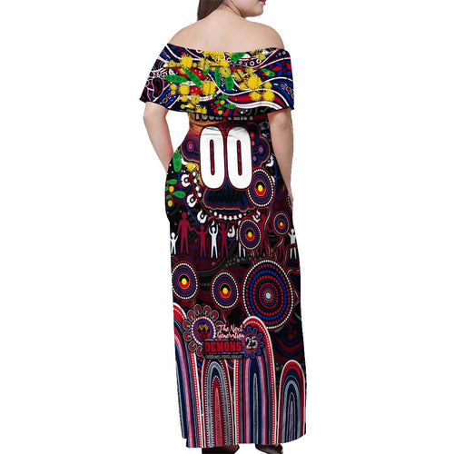 Personalised NAIDOC Week 2025 Demons Football Off Shoulder Maxi Dress Aboriginal Dot Painting