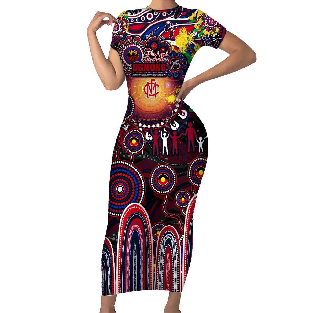 Personalised NAIDOC Week 2025 Demons Football Short Sleeve Bodycon Dress Aboriginal Dot Painting