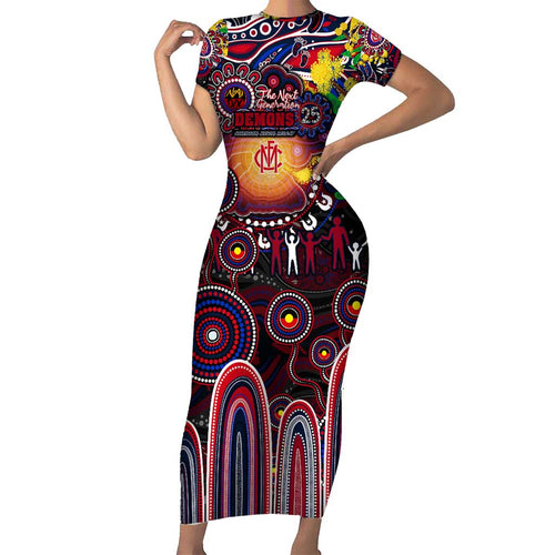 Personalised NAIDOC Week 2025 Demons Football Short Sleeve Bodycon Dress Aboriginal Dot Painting