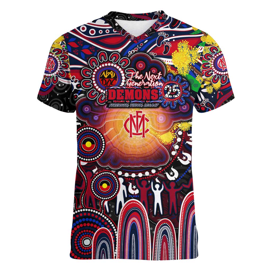 Personalised NAIDOC Week 2025 Demons Football Women V-Neck T-Shirt Aboriginal Dot Painting