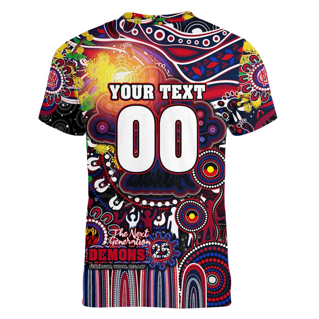 Personalised NAIDOC Week 2025 Demons Football Women V-Neck T-Shirt Aboriginal Dot Painting