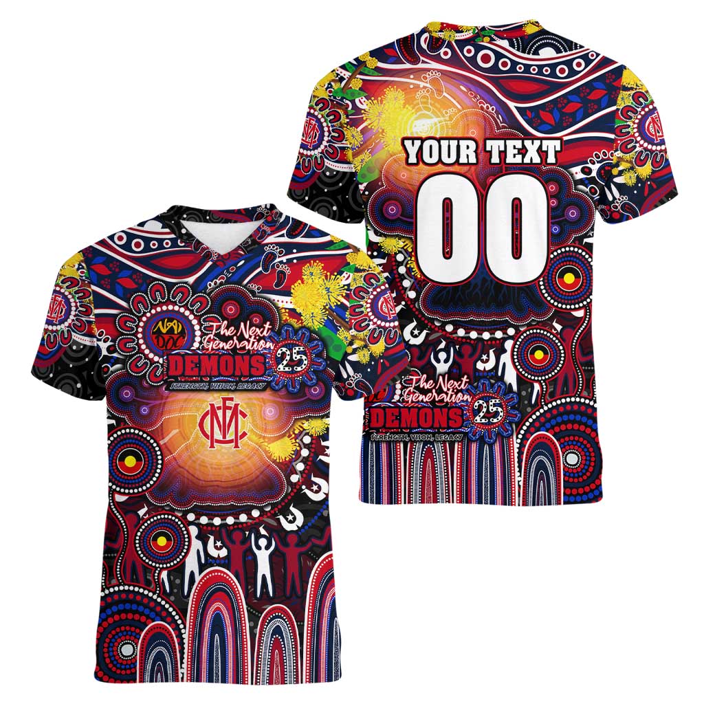 Personalised NAIDOC Week 2025 Demons Football Women V-Neck T-Shirt Aboriginal Dot Painting