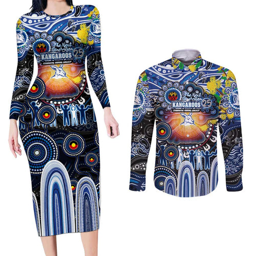 Personalised NAIDOC Week 2025 Kangaroos Football Couples Matching Long Sleeve Bodycon Dress and Long Sleeve Button Shirt Aboriginal Dot Painting