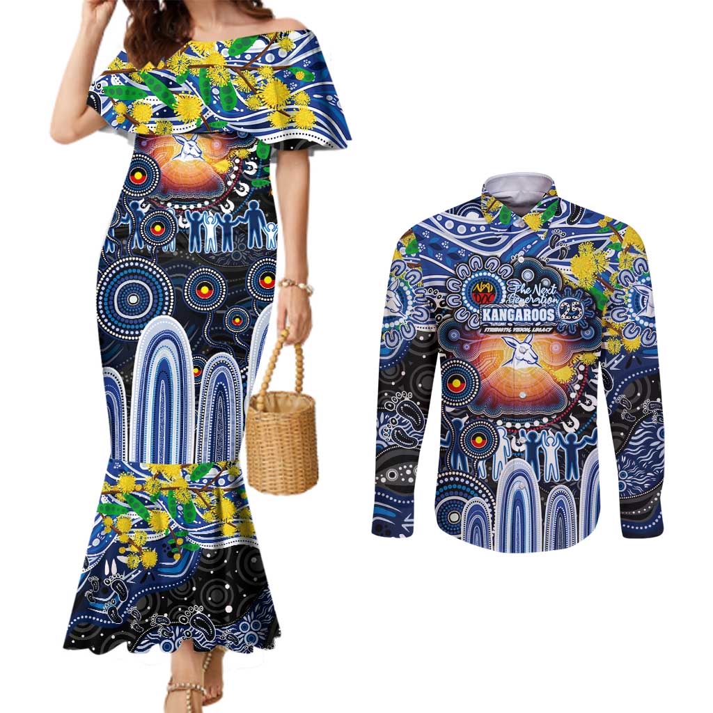 Personalised NAIDOC Week 2025 Kangaroos Football Couples Matching Mermaid Dress and Long Sleeve Button Shirt Aboriginal Dot Painting