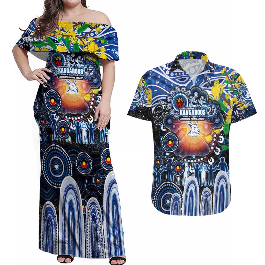Personalised NAIDOC Week 2025 Kangaroos Football Couples Matching Off Shoulder Maxi Dress and Hawaiian Shirt Aboriginal Dot Painting