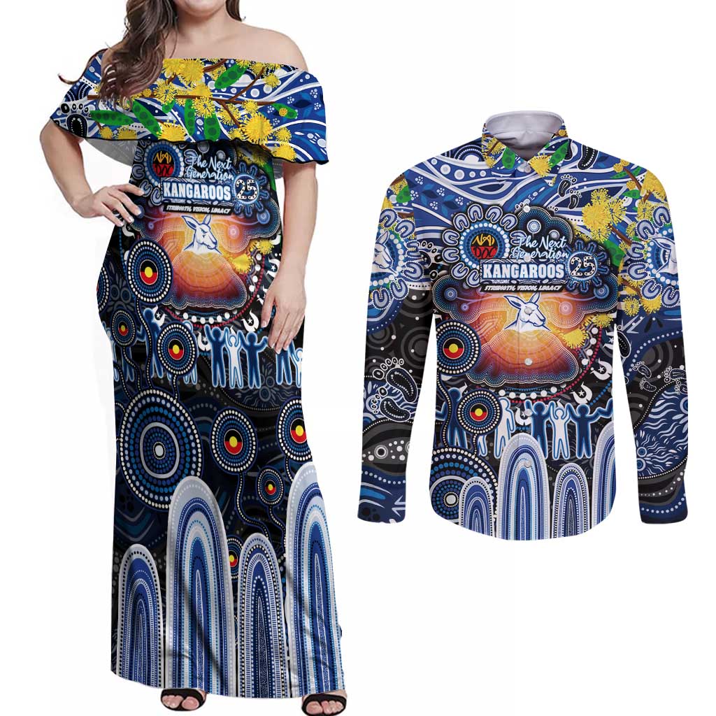 Personalised NAIDOC Week 2025 Kangaroos Football Couples Matching Off Shoulder Maxi Dress and Long Sleeve Button Shirt Aboriginal Dot Painting