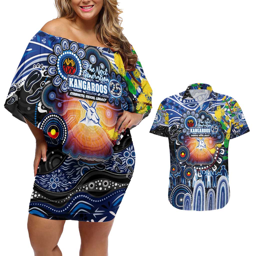 Personalised NAIDOC Week 2025 Kangaroos Football Couples Matching Off Shoulder Short Dress and Hawaiian Shirt Aboriginal Dot Painting