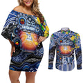 Personalised NAIDOC Week 2025 Kangaroos Football Couples Matching Off Shoulder Short Dress and Long Sleeve Button Shirt Aboriginal Dot Painting