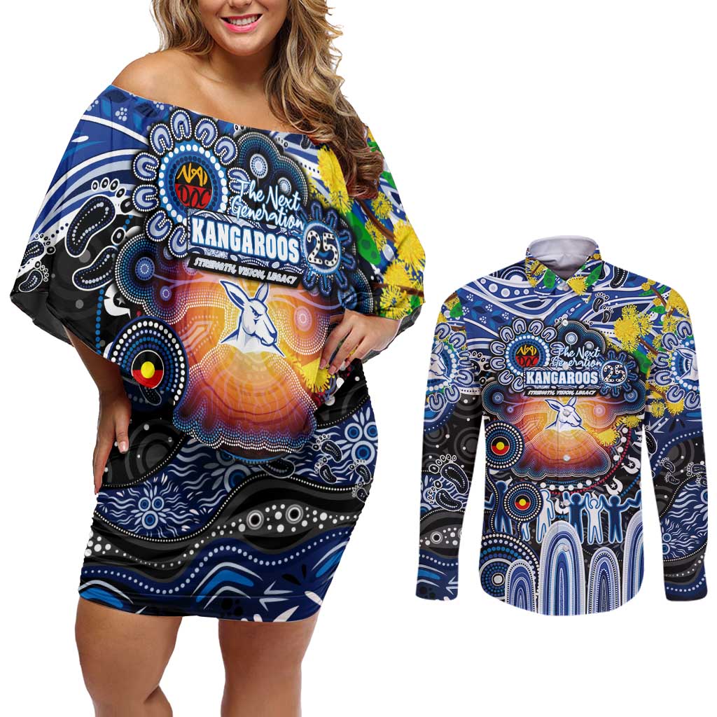 Personalised NAIDOC Week 2025 Kangaroos Football Couples Matching Off Shoulder Short Dress and Long Sleeve Button Shirt Aboriginal Dot Painting