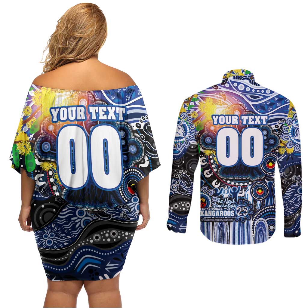 Personalised NAIDOC Week 2025 Kangaroos Football Couples Matching Off Shoulder Short Dress and Long Sleeve Button Shirt Aboriginal Dot Painting