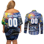 Personalised NAIDOC Week 2025 Kangaroos Football Couples Matching Off Shoulder Short Dress and Long Sleeve Button Shirt Aboriginal Dot Painting