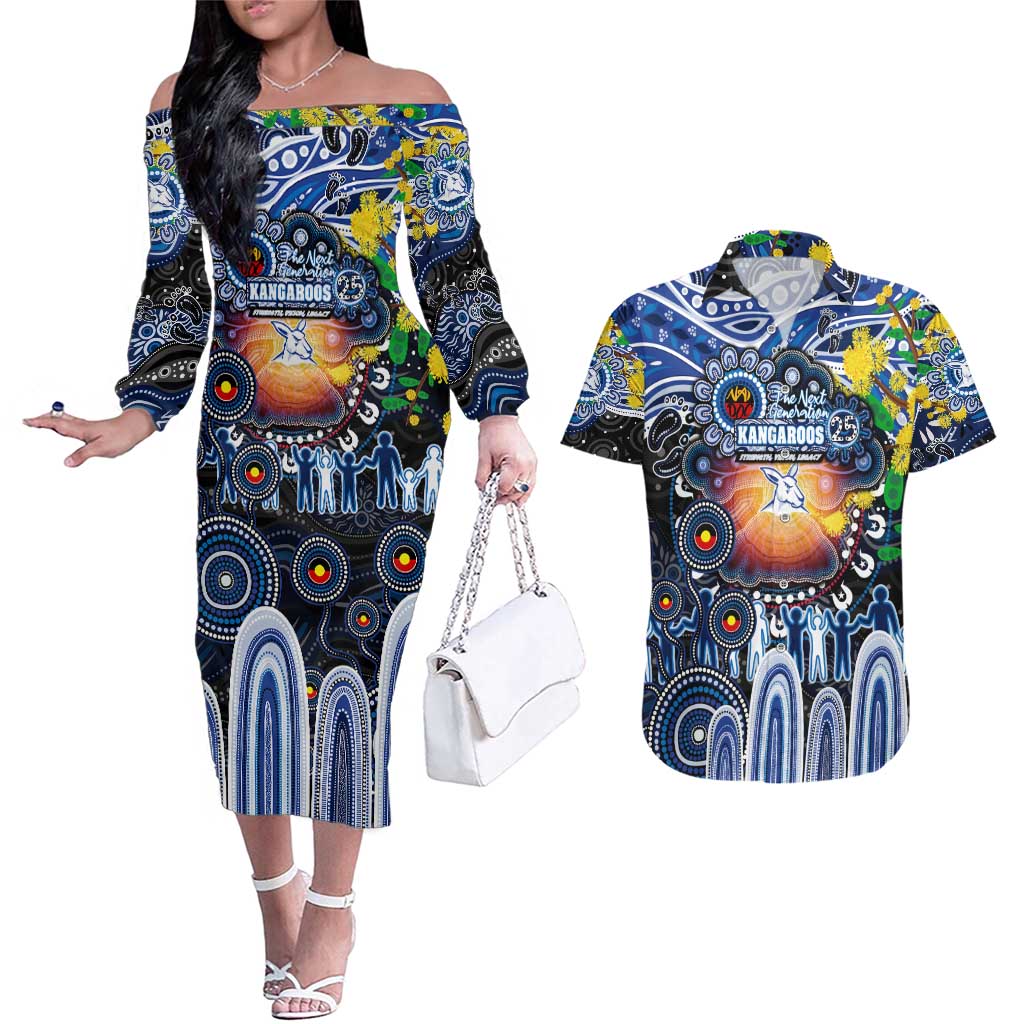 Personalised NAIDOC Week 2025 Kangaroos Football Couples Matching Off The Shoulder Long Sleeve Dress and Hawaiian Shirt Aboriginal Dot Painting