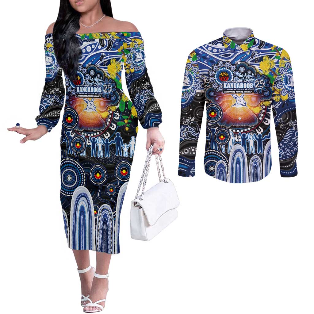 Personalised NAIDOC Week 2025 Kangaroos Football Couples Matching Off The Shoulder Long Sleeve Dress and Long Sleeve Button Shirt Aboriginal Dot Painting