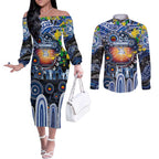 Personalised NAIDOC Week 2025 Kangaroos Football Couples Matching Off The Shoulder Long Sleeve Dress and Long Sleeve Button Shirt Aboriginal Dot Painting