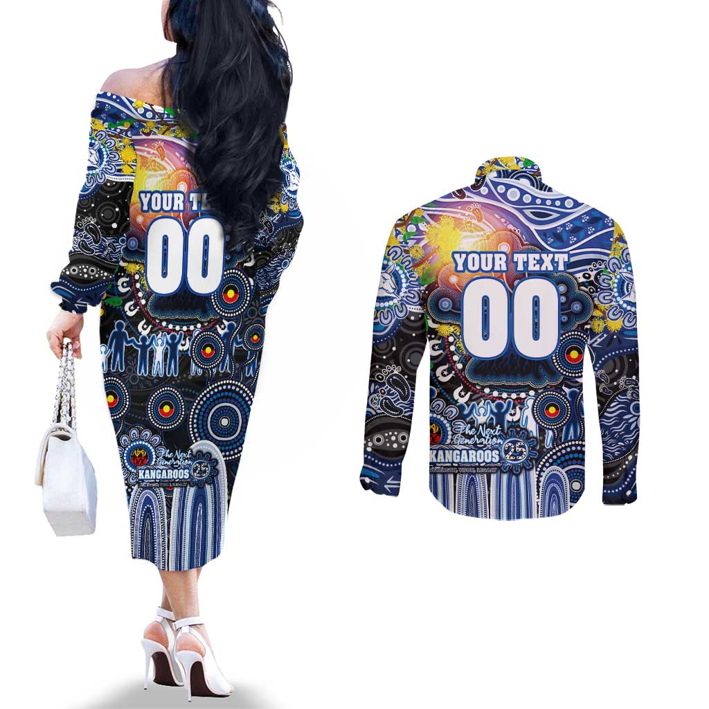 Personalised NAIDOC Week 2025 Kangaroos Football Couples Matching Off The Shoulder Long Sleeve Dress and Long Sleeve Button Shirt Aboriginal Dot Painting