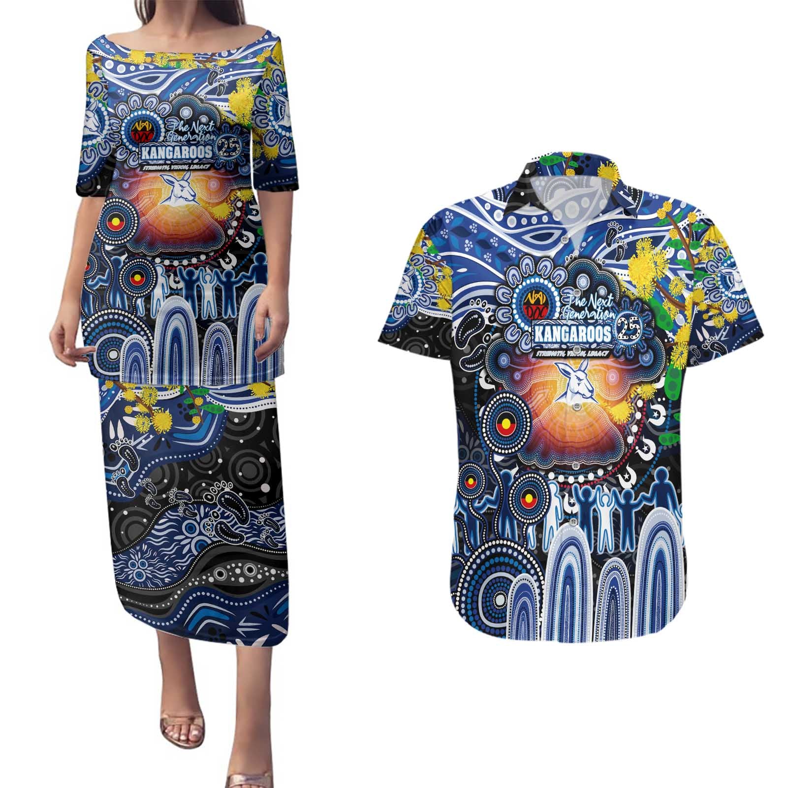 Personalised NAIDOC Week 2025 Kangaroos Football Couples Matching Puletasi and Hawaiian Shirt Aboriginal Dot Painting