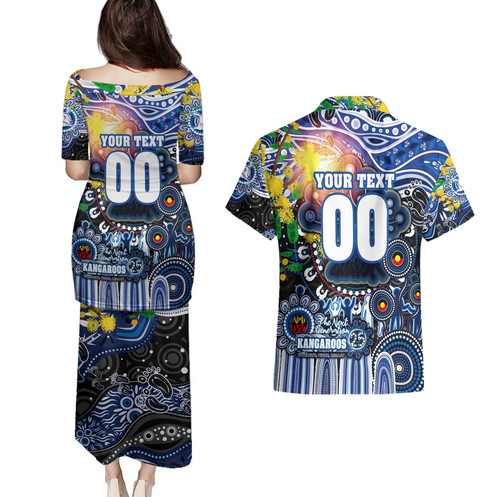 Personalised NAIDOC Week 2025 Kangaroos Football Couples Matching Puletasi and Hawaiian Shirt Aboriginal Dot Painting
