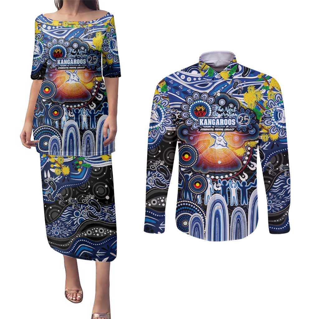 Personalised NAIDOC Week 2025 Kangaroos Football Couples Matching Puletasi and Long Sleeve Button Shirt Aboriginal Dot Painting