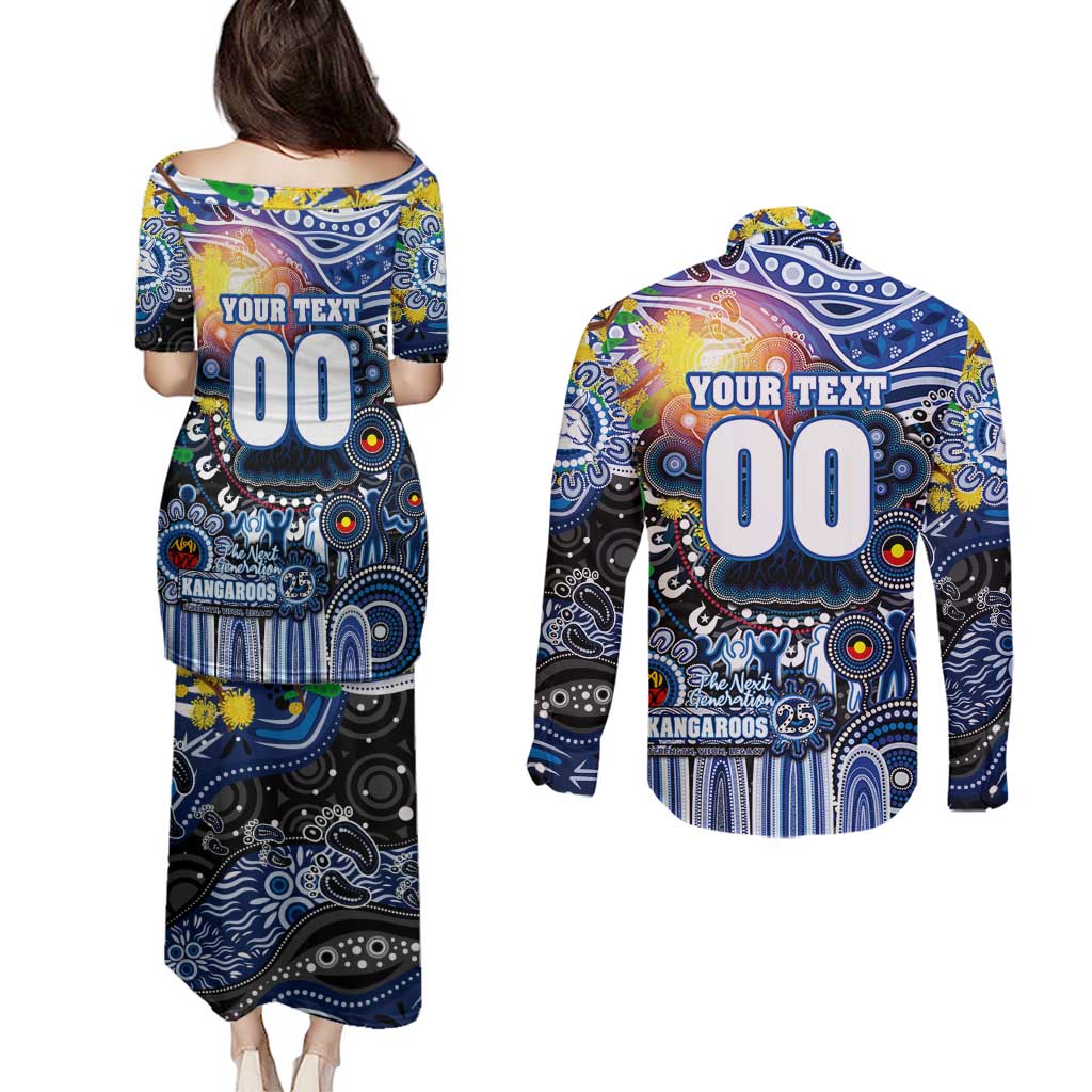 Personalised NAIDOC Week 2025 Kangaroos Football Couples Matching Puletasi and Long Sleeve Button Shirt Aboriginal Dot Painting