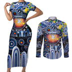 Personalised NAIDOC Week 2025 Kangaroos Football Couples Matching Short Sleeve Bodycon Dress and Long Sleeve Button Shirt Aboriginal Dot Painting