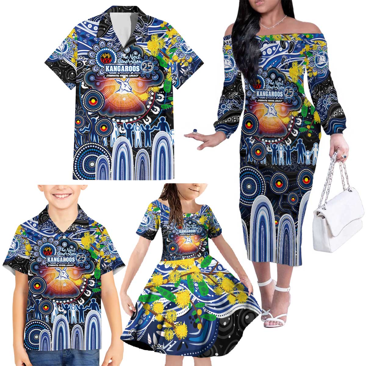 Personalised NAIDOC Week 2025 Kangaroos Football Family Matching Off The Shoulder Long Sleeve Dress and Hawaiian Shirt Aboriginal Dot Painting