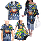 Personalised NAIDOC Week 2025 Kangaroos Football Family Matching Off The Shoulder Long Sleeve Dress and Hawaiian Shirt Aboriginal Dot Painting