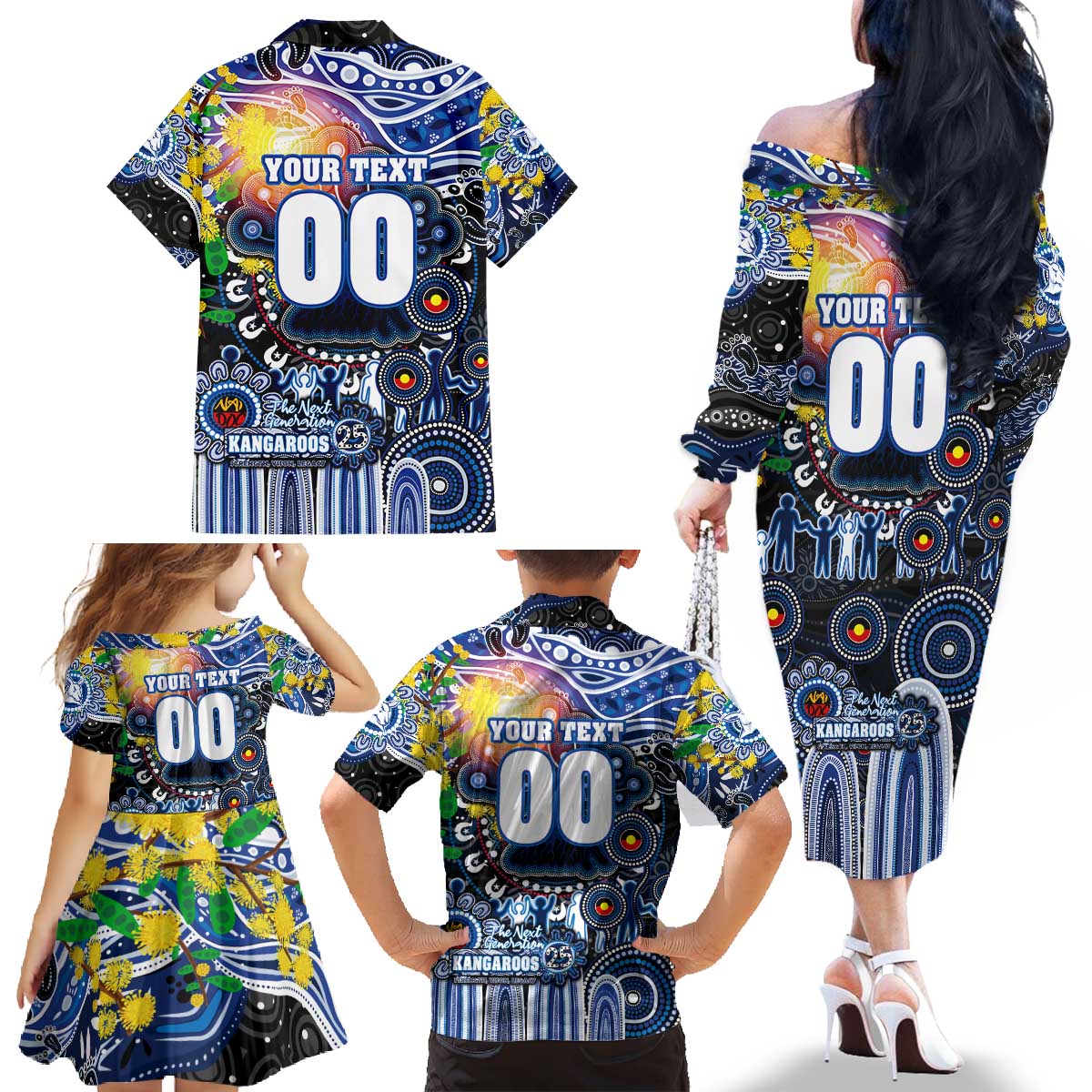Personalised NAIDOC Week 2025 Kangaroos Football Family Matching Off The Shoulder Long Sleeve Dress and Hawaiian Shirt Aboriginal Dot Painting