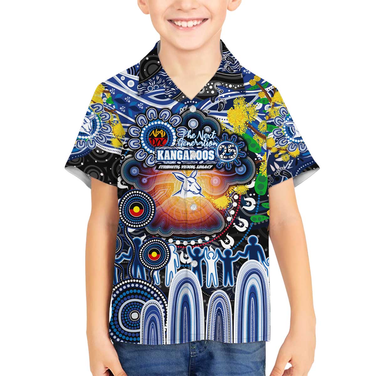 Personalised NAIDOC Week 2025 Kangaroos Football Family Matching Off The Shoulder Long Sleeve Dress and Hawaiian Shirt Aboriginal Dot Painting