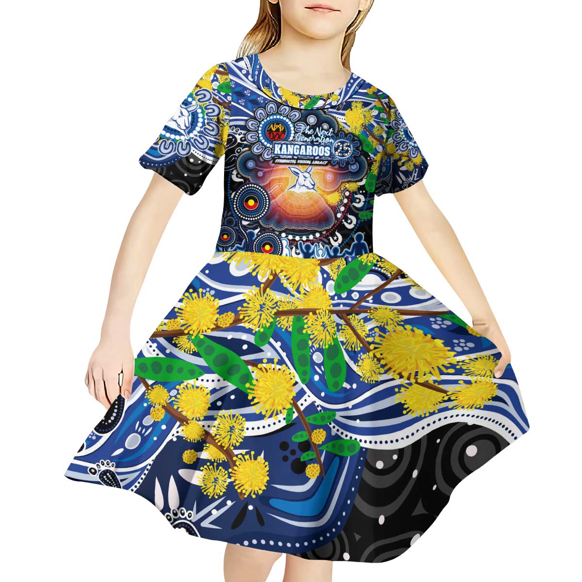 Personalised NAIDOC Week 2025 Kangaroos Football Kid Short Sleeve Dress Aboriginal Dot Painting
