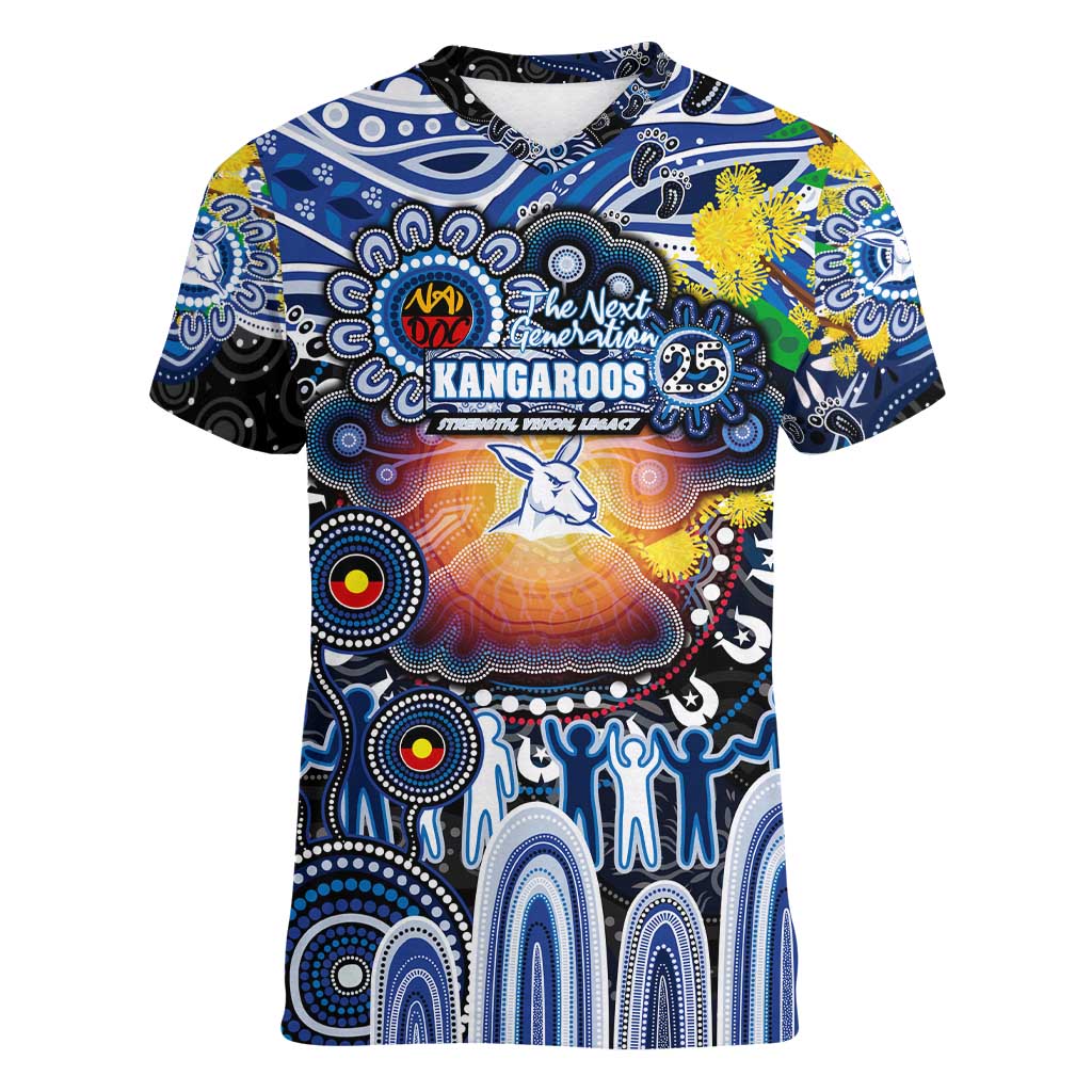 Personalised NAIDOC Week 2025 Kangaroos Football Women V-Neck T-Shirt Aboriginal Dot Painting