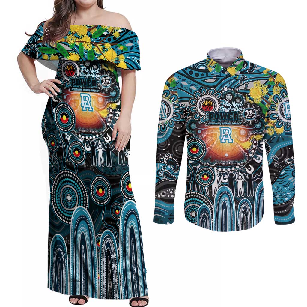 Personalised NAIDOC Week 2025 Power Football Couples Matching Off Shoulder Maxi Dress and Long Sleeve Button Shirt Aboriginal Dot Painting