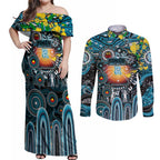 Personalised NAIDOC Week 2025 Power Football Couples Matching Off Shoulder Maxi Dress and Long Sleeve Button Shirt Aboriginal Dot Painting