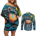 Personalised NAIDOC Week 2025 Power Football Couples Matching Off Shoulder Short Dress and Long Sleeve Button Shirt Aboriginal Dot Painting