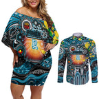 Personalised NAIDOC Week 2025 Power Football Couples Matching Off Shoulder Short Dress and Long Sleeve Button Shirt Aboriginal Dot Painting