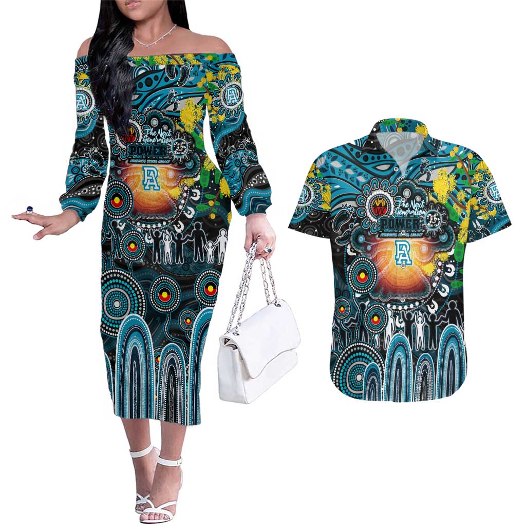 Personalised NAIDOC Week 2025 Power Football Couples Matching Off The Shoulder Long Sleeve Dress and Hawaiian Shirt Aboriginal Dot Painting